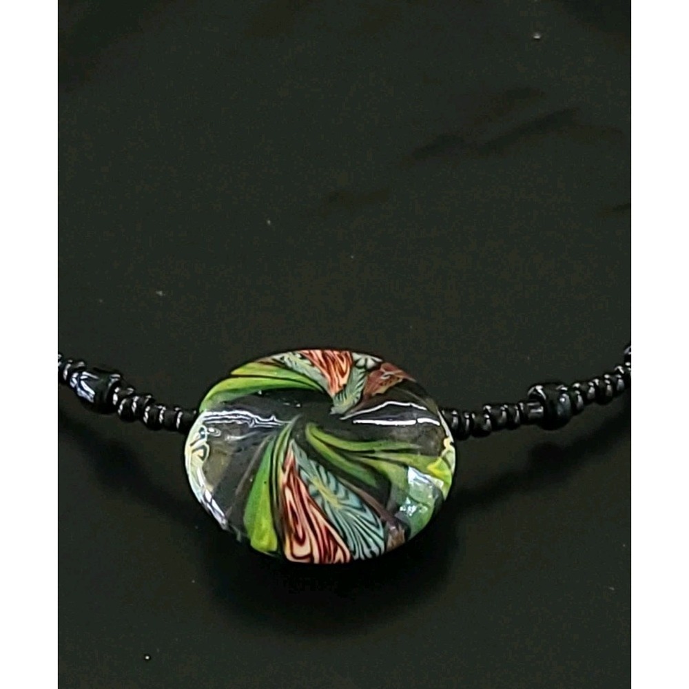 Art Glass Focal Bead Necklace Black Seed Beads Multicolor Swirl 16in